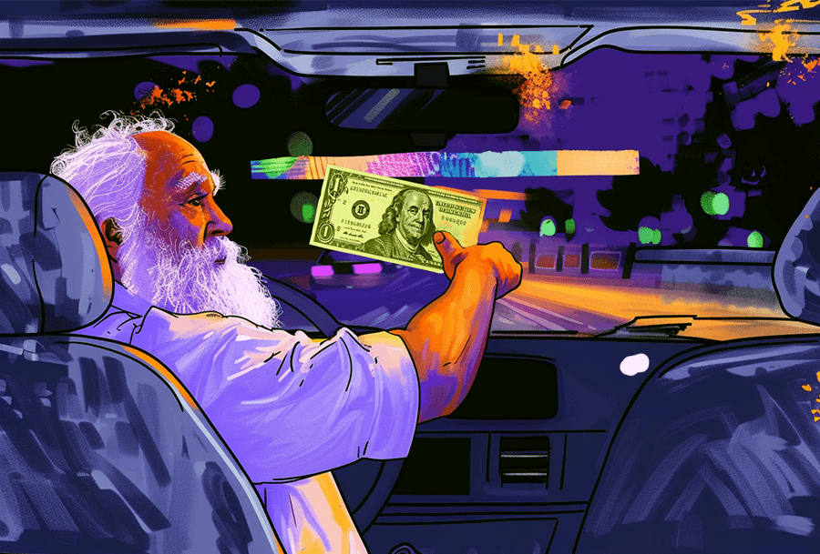 AI-generated image of a taxi driver holding a 1 USD bill in Bogota, Colombia.