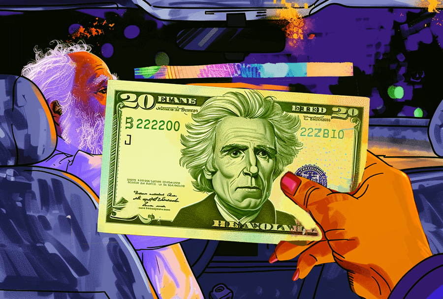 AI-generated image of Roxeus handing a $20 USD bill to a taxi driver in Bogota, Colombia.