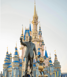 Walt Disney and Mickey Mouse statue in front of Cinderella's Castle at Disney World