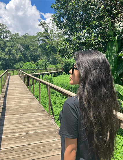 Roxeus, an adventurer, walking on a wooden bridge in a lush green forest